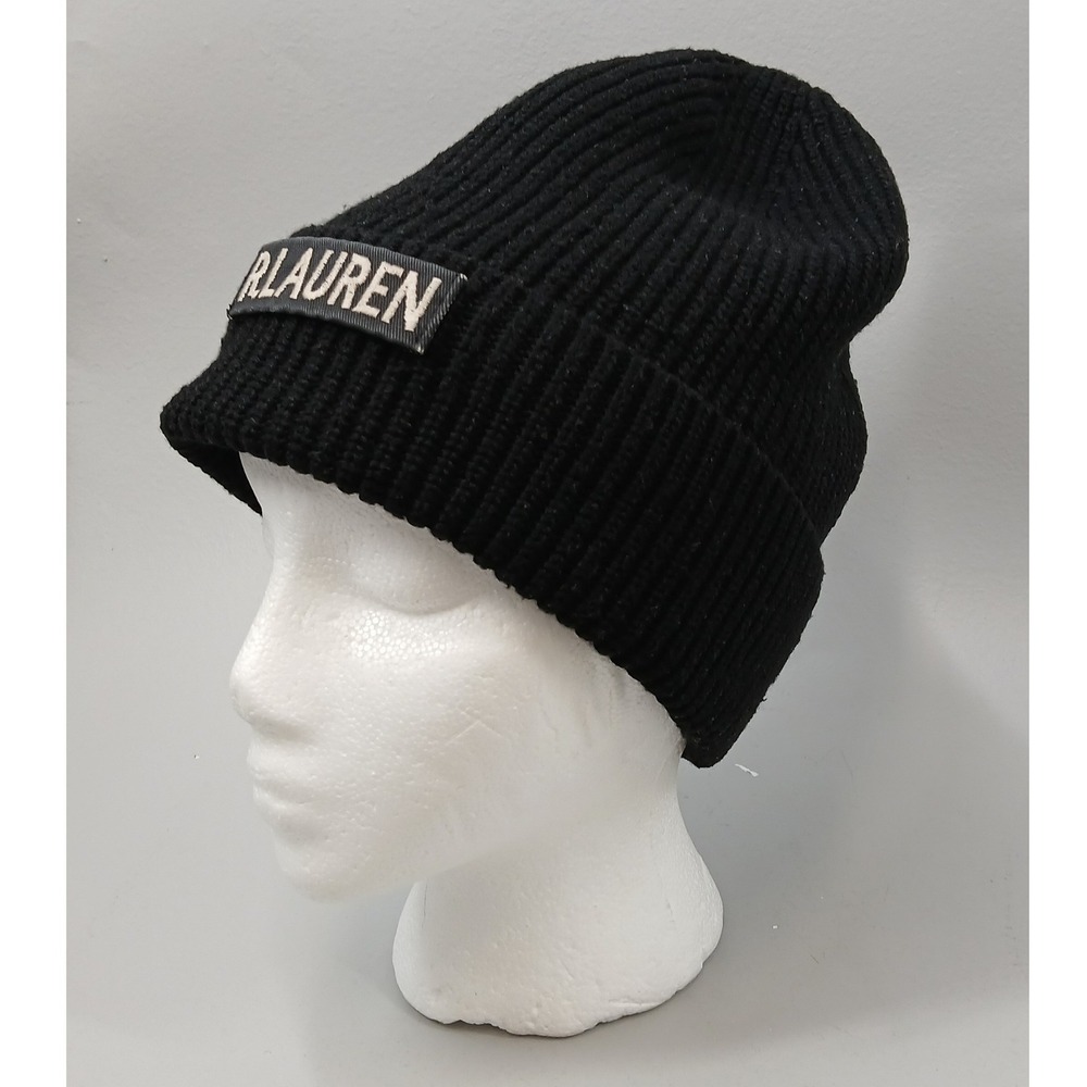 Polo Ralph Lauren Beanie Unisex OS Black R.LAUREN Patch Ribbed Knit Hat - Picture 4 of 7